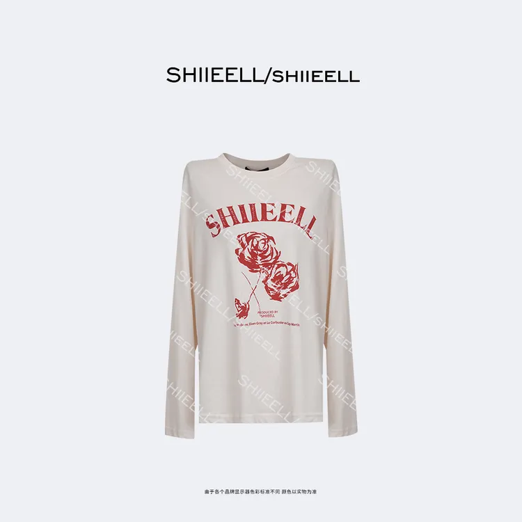 SHIIEELL【红玫瑰】复古棉质空气酵洗玫瑰印花撞色图案T恤Z1126