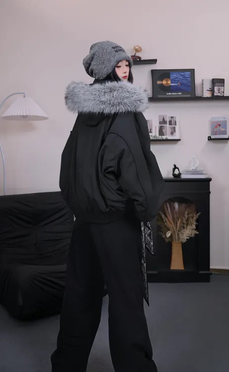 潮牌流行可拆卸毛领连帽羽绒服男冬季加厚工装飞行员夹克外套