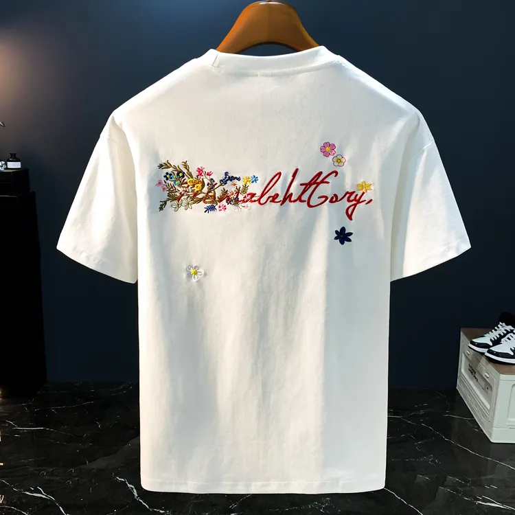 手写花卉刺绣短袖T恤男士高端美式宽松体恤夏季重磅凉感透气情侣t