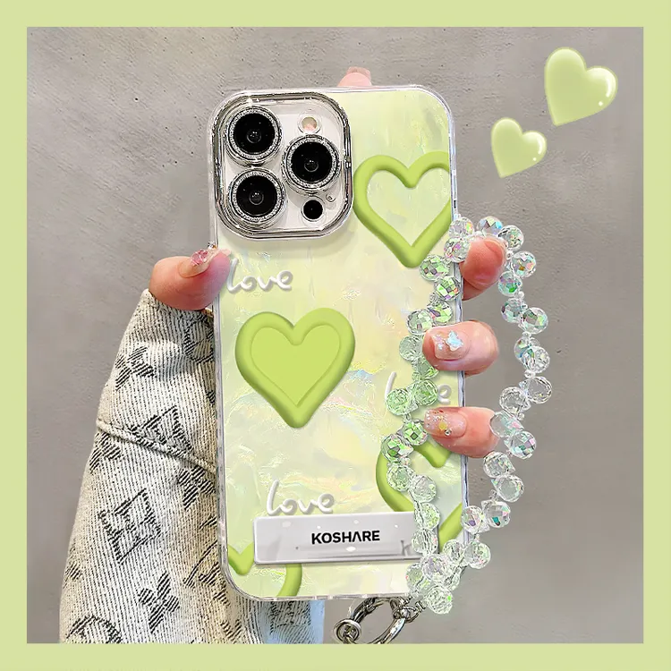 绿色爱心适用苹果15华为vivo/oppo小米iPhone16精孔贝壳纹手机壳