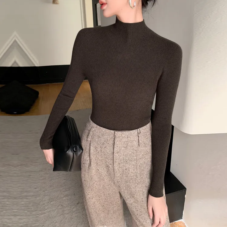 哥弟阿玛施正可机洗一线成衣羊绒衫女半高领薄款内搭羊毛打底长袖