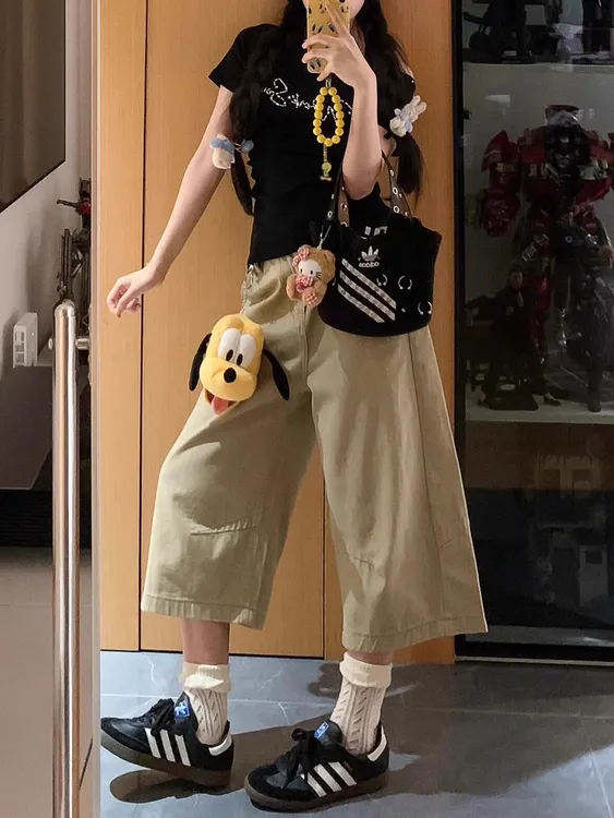 卡其色阔腿牛仔七分裤女夏季大码胖mm梨型身材宽松显瘦五分直筒裤