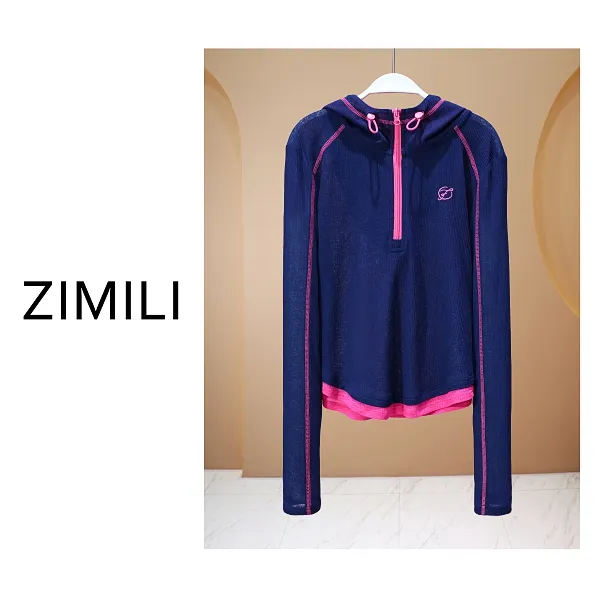 【亮哥女装】2025欧版新品蓝色拼接拉链连帽高弹打底上衣8000-A1