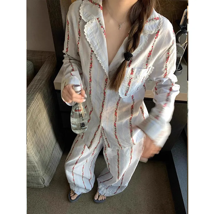 春秋季复古蕾丝条纹碎花睡衣女高级感宽松长袖长裤开衫家居服套装