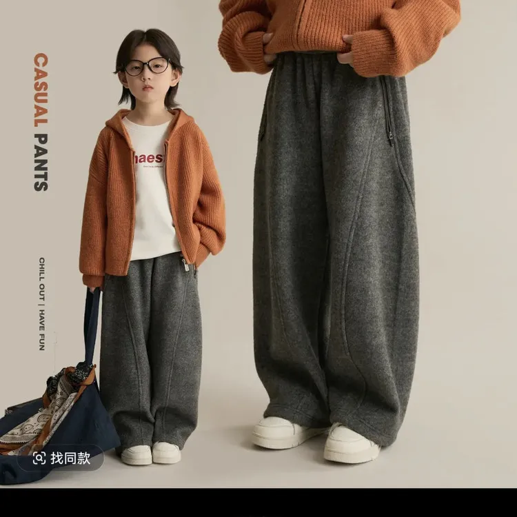 韩版儿童冬季加绒休闲直筒裤中大童中厚深秋加厚保暖拼接弯道裤潮