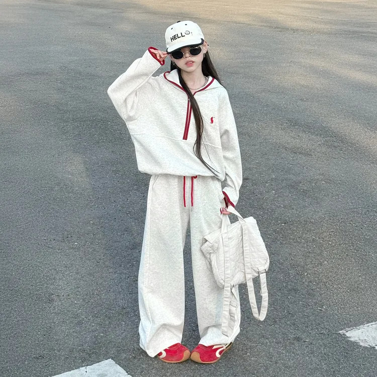 女童春秋款套装2025新款儿童洋气休闲拼色连帽卫衣秋装女孩两件套