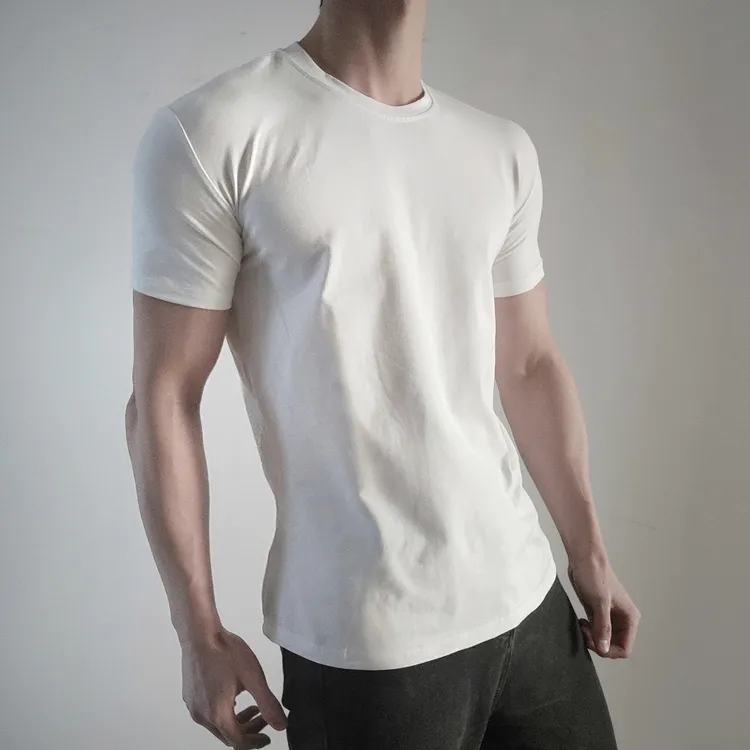 显肌肉健身弹力t恤男款夏季运动训练收袖口短袖修身小领口半截袖