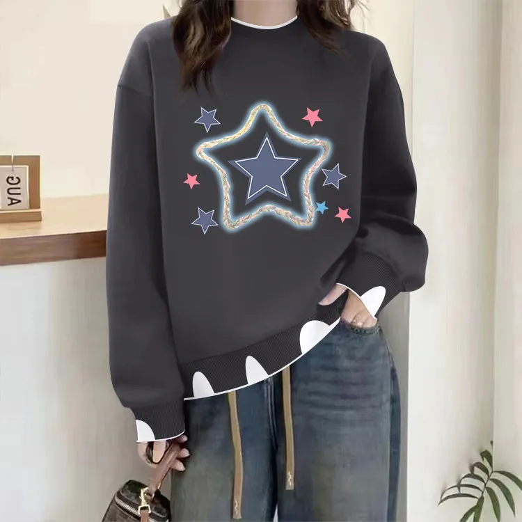 秋蓝色百搭女圆领冬季长袖宽松型休闲风卫衣时尚连帽短款加绒