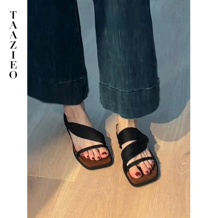 TAAZIEO真皮~轻奢法式复古坡跟两穿露趾凉鞋女新款一字带方头露趾