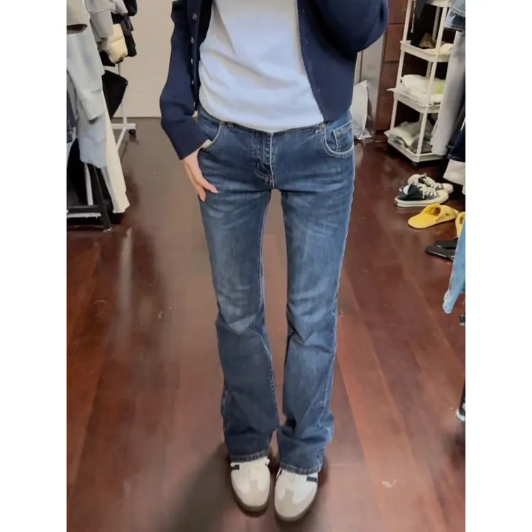 美式辣妹复古修身显瘦微喇牛仔裤女2025夏季潮款百搭窄版直筒裤子