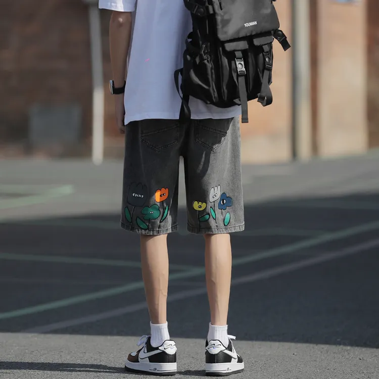 夏季薄款男生牛仔短裤男士潮牌休闲男装简单印花舒适外穿五分裤子