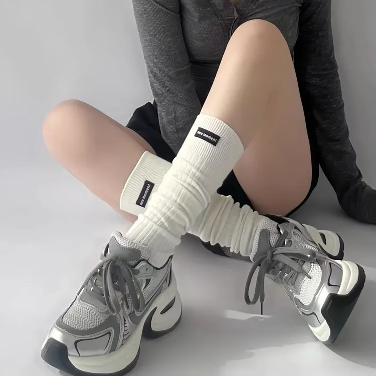 美式秋冬双针加厚配长靴布标竖纹显瘦ins简约JK学院风小腿堆堆袜