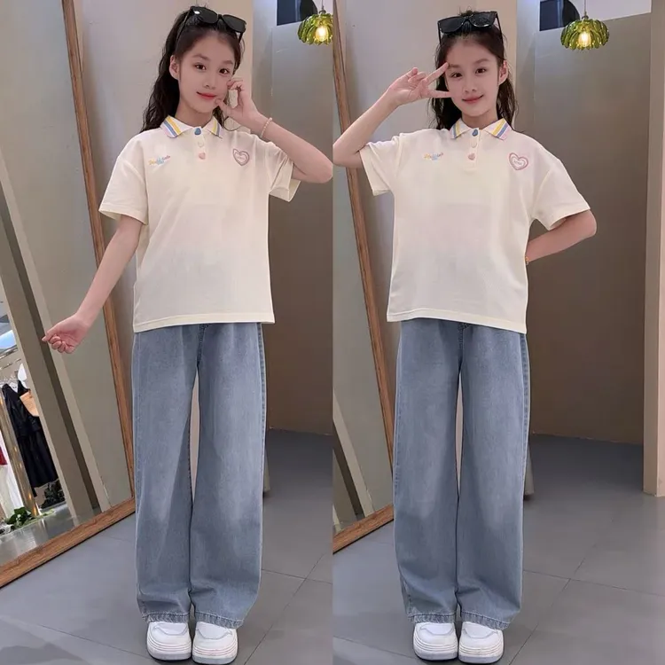 上衣夏季纯色套头套装女夏装女孩休闲常规风儿童女童12-15岁洋气