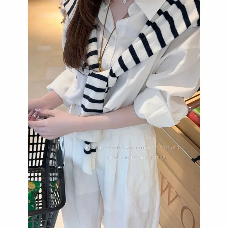 浩哥严选●JJX4PJ5384条纹披肩夏季法式简约网红气质女莫奈花园风