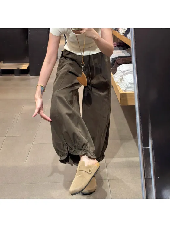 咖啡色束脚裤女早秋新款大码高腰显瘦休闲裤女宽松百搭阔腿九分裤