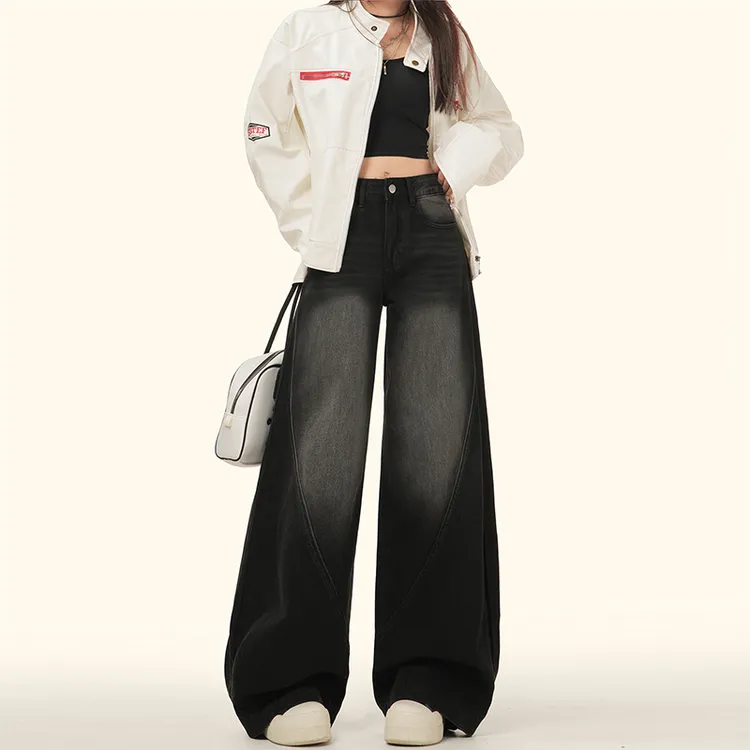 黑灰窄版定制高级气质过年新款街头经典百搭显瘦阔腿直筒牛仔裤