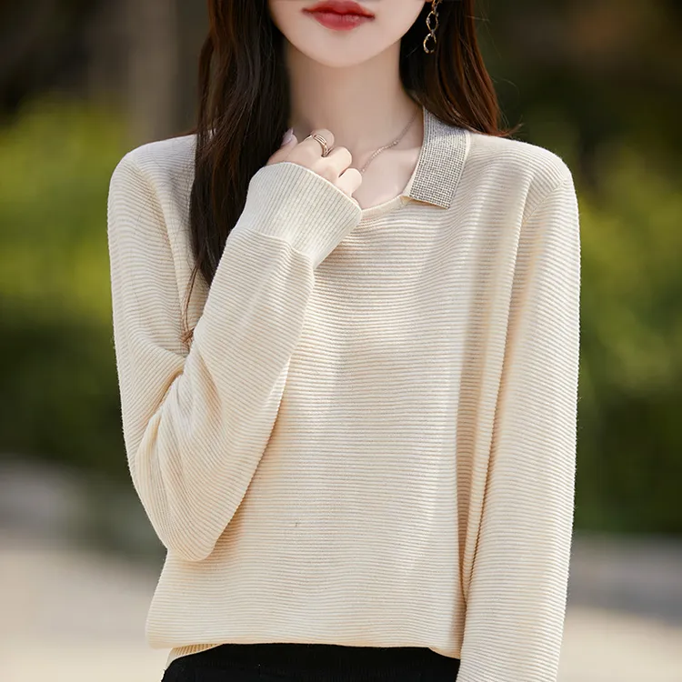 哥弟阿玛施正品春秋长袖翻领针织衫女时尚洋气宽松显瘦薄款上衣女