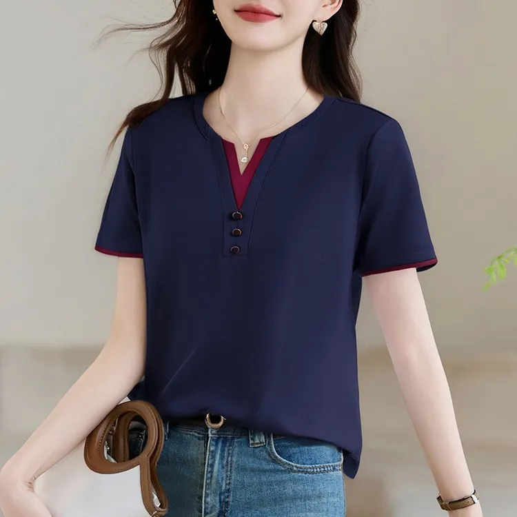 【精梳棉洋气拼接短袖】v领t恤女2025夏季新款气质上衣宽松显瘦半袖