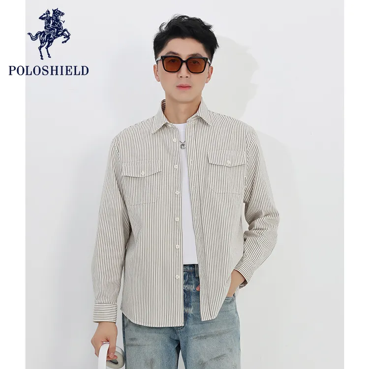 POLOSHIELD保罗希尔德男士纯棉衬衣秋季新款男生男款长袖条纹衬衫