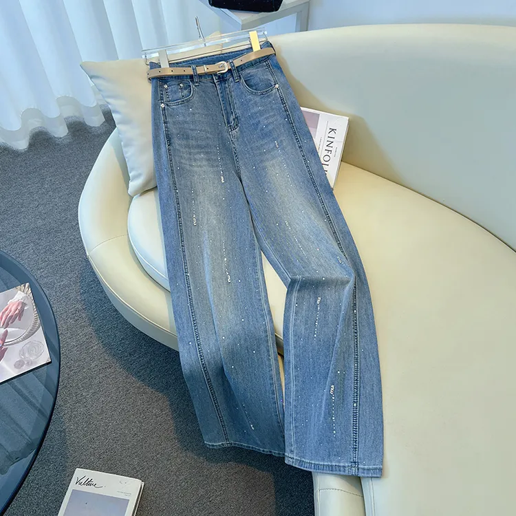 拉夏贝尔烫钻直筒牛仔裤女秋冬2025新款高腰显瘦小个子窄版阔腿裤