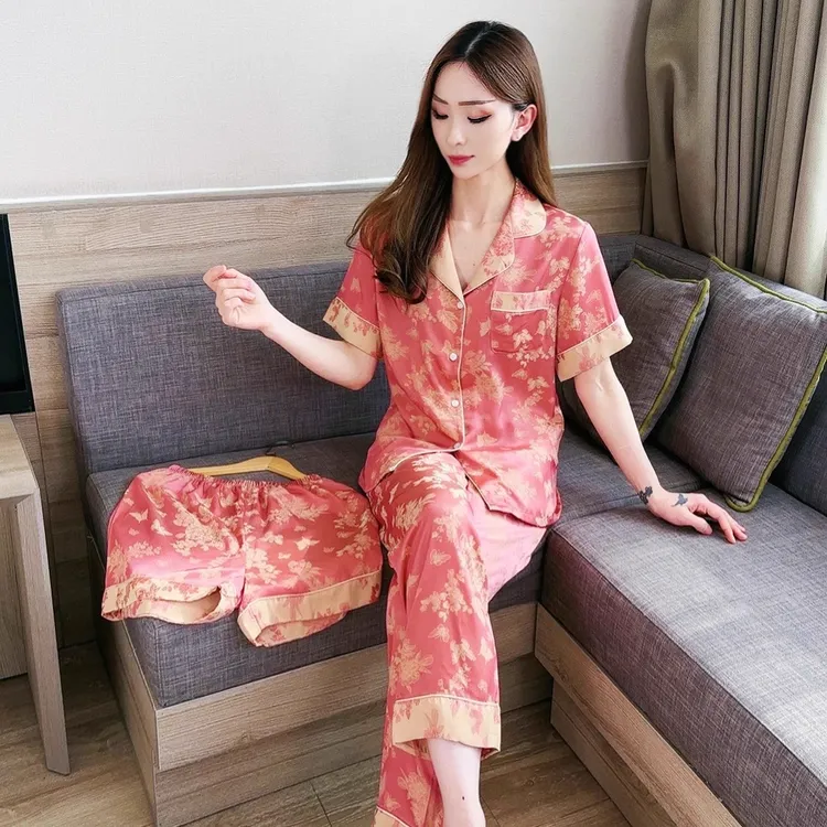 三件套夏季睡衣女2025新款冰雪丝凉爽妈妈款大码家居服外穿高级感