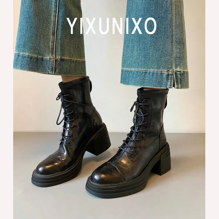 羊皮版~厚底粗跟马丁靴女气质百搭瘦瘦靴复古后拉链秋冬加绒短靴