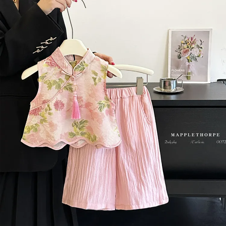 女童套装新中式无袖薄款套头夏季上衣女宝宝
