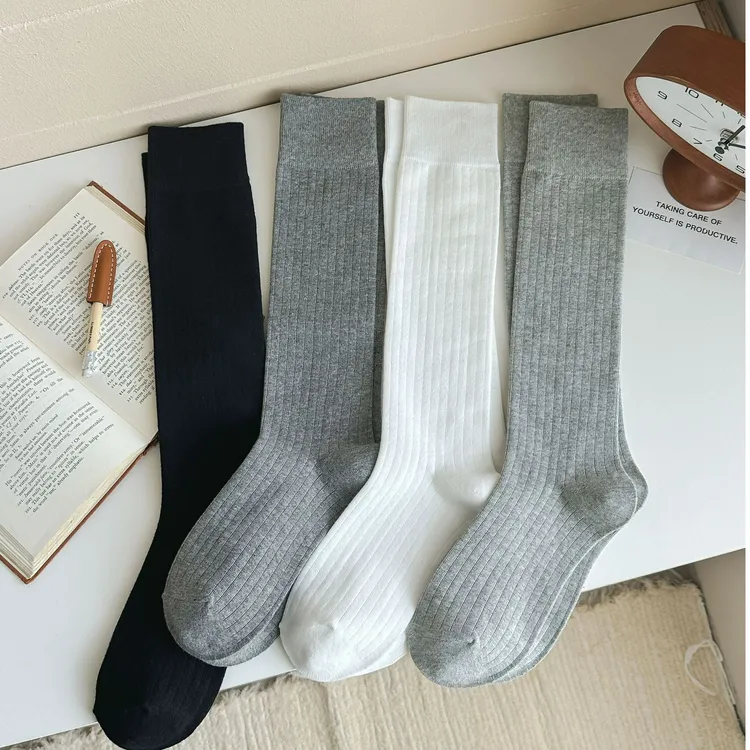 纯色竖条纹小腿袜女学院风显瘦百搭潮流简约长筒袜配乐福鞋小皮鞋