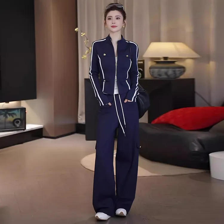 巨好看早秋高级感藏蓝色休闲运动套装女春秋洋气显瘦阔腿裤两件套