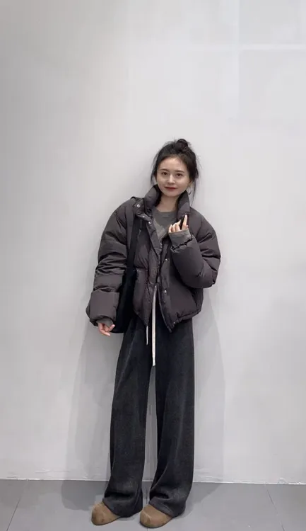 2025秋冬新款韩系时尚立领灰色棉服服女保暖外套百搭休闲裤套装