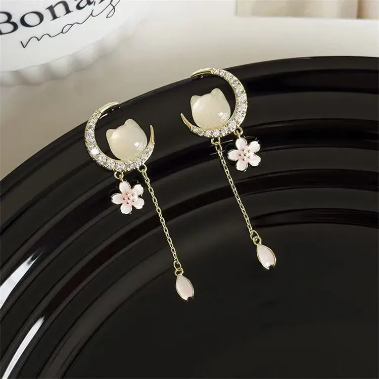 清新猫咪耳环女甜美粉色樱花耳钉气质流苏耳坠新中式耳饰