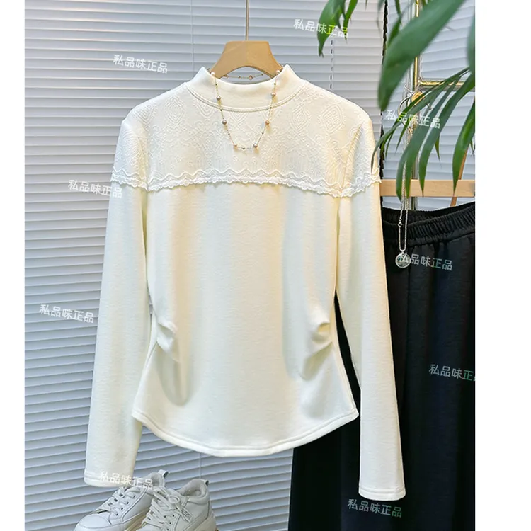 加厚德绒 SPW私品味 2025年冬季新款蕾丝拼接立领打底衫 W114383