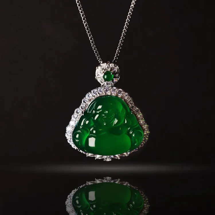 天然玛瑙玉髓镶嵌s925银吊坠高冰满绿佛公坠子挂件