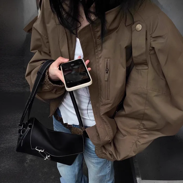 美式复古卡其色显瘦夹克外套女2025春秋宽松立领设计感上衣短外套