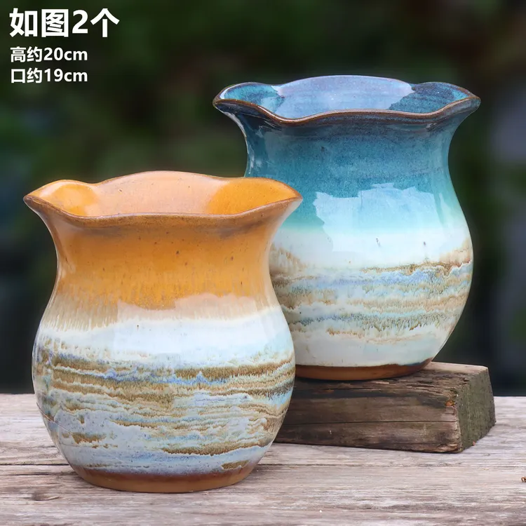 大口径复古花盆家用透气粗陶多肉花盆山水画高桩盆