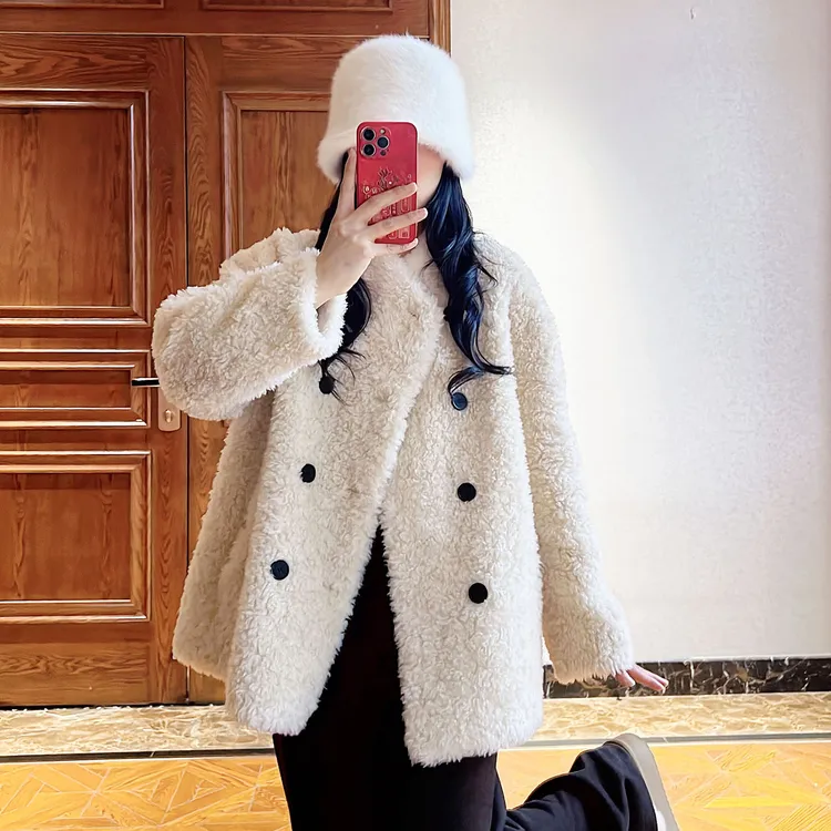 25新款 秋冬韩系100羊毛小众极简双排扣中长百搭羊毛一体外套2588