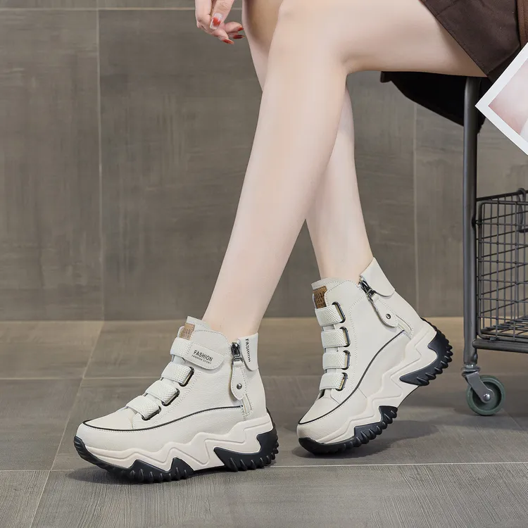 真皮高帮老爹鞋女2025秋季新款厚底百搭魔术贴透气双拉链休闲鞋