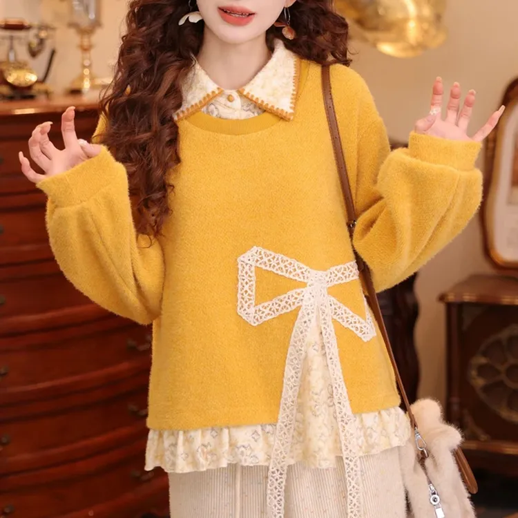 【暖遇知音】蕾丝卫衣女2025冬季假两件翻领柔糯质感上衣