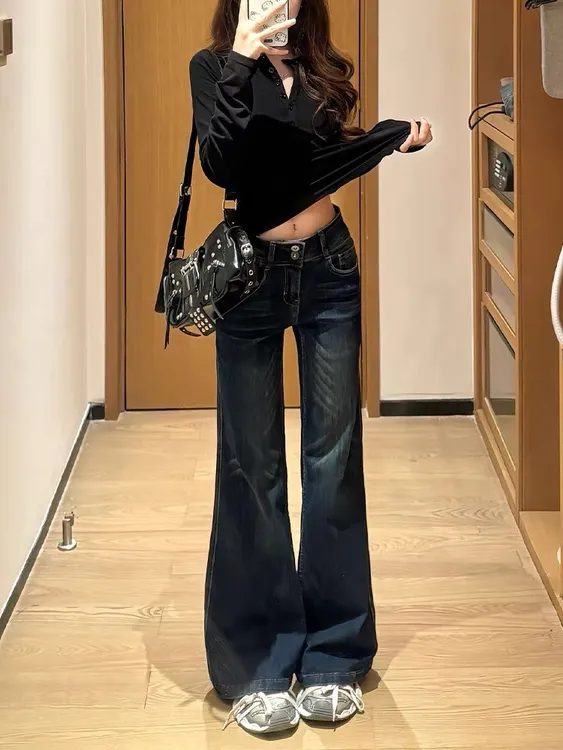 美式辣妹不贴腿微喇牛仔裤女2025秋季新款低腰弹力显瘦拖地喇叭裤