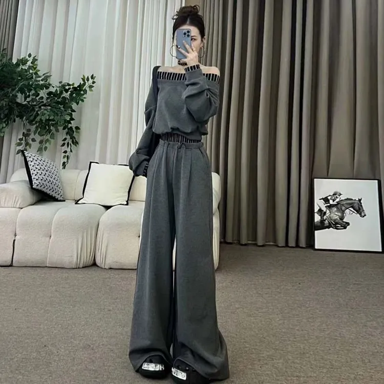 高级感一字肩时尚休闲运动套装女春秋新款气质显瘦长袖卫衣长裤潮