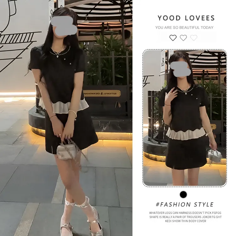 设计感夏款新中式撞色拼接短袖裙子套装宫廷千金名媛风显瘦半裙潮