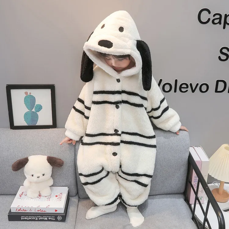 儿童连体睡衣秋冬季男女童加厚法兰绒睡袋宝宝连帽外出服哈衣爬服