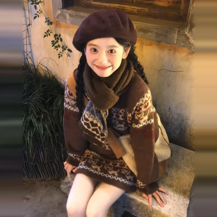 韩系圣诞穿搭费尔岛提花毛衣开衫短裙两件套女冬季小个子针织套装