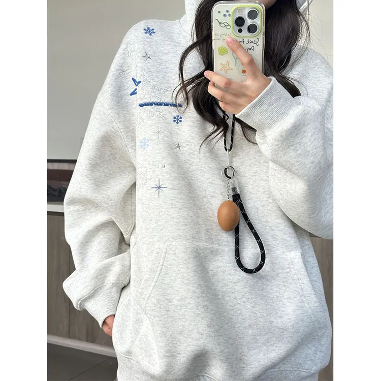 小众美式穿搭灰色雪花刺绣连帽卫衣女加绒加厚秋冬季宽松外套上衣
