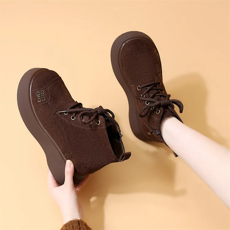 圆头韩版勃肯绒布面厚底马丁靴女2025秋冬系带短靴增高显瘦工装靴