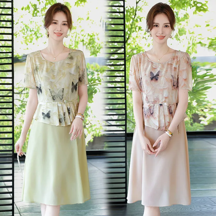 皮尔卡丹中年妈妈夏装气质女装连衣裙中老年夏季新款短袖洋气假两