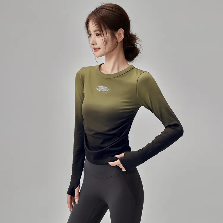 岚纹圆领运动健身上衣渐变紧身瑜伽服女显瘦高弹跑步t恤训练长袖