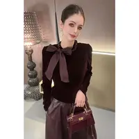 重工圆领蝴蝶结拼接丝绒长袖上衣CS31072
