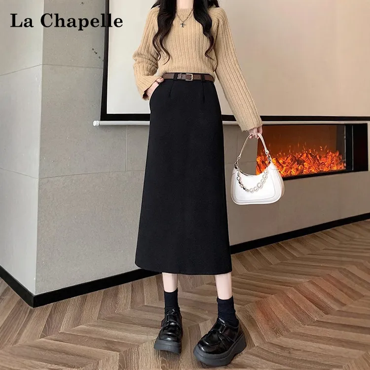 拉夏贝尔毛呢半身裙女2025年新款秋冬款高腰a字包臀裙开叉一步裙