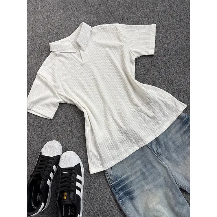 麦穗纹针织短袖polo衫男女夏季美式慵懒高级感V领T恤cleanfit半袖